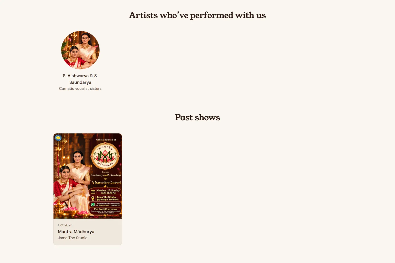 Veda Nāda's About page with its artists and past shows