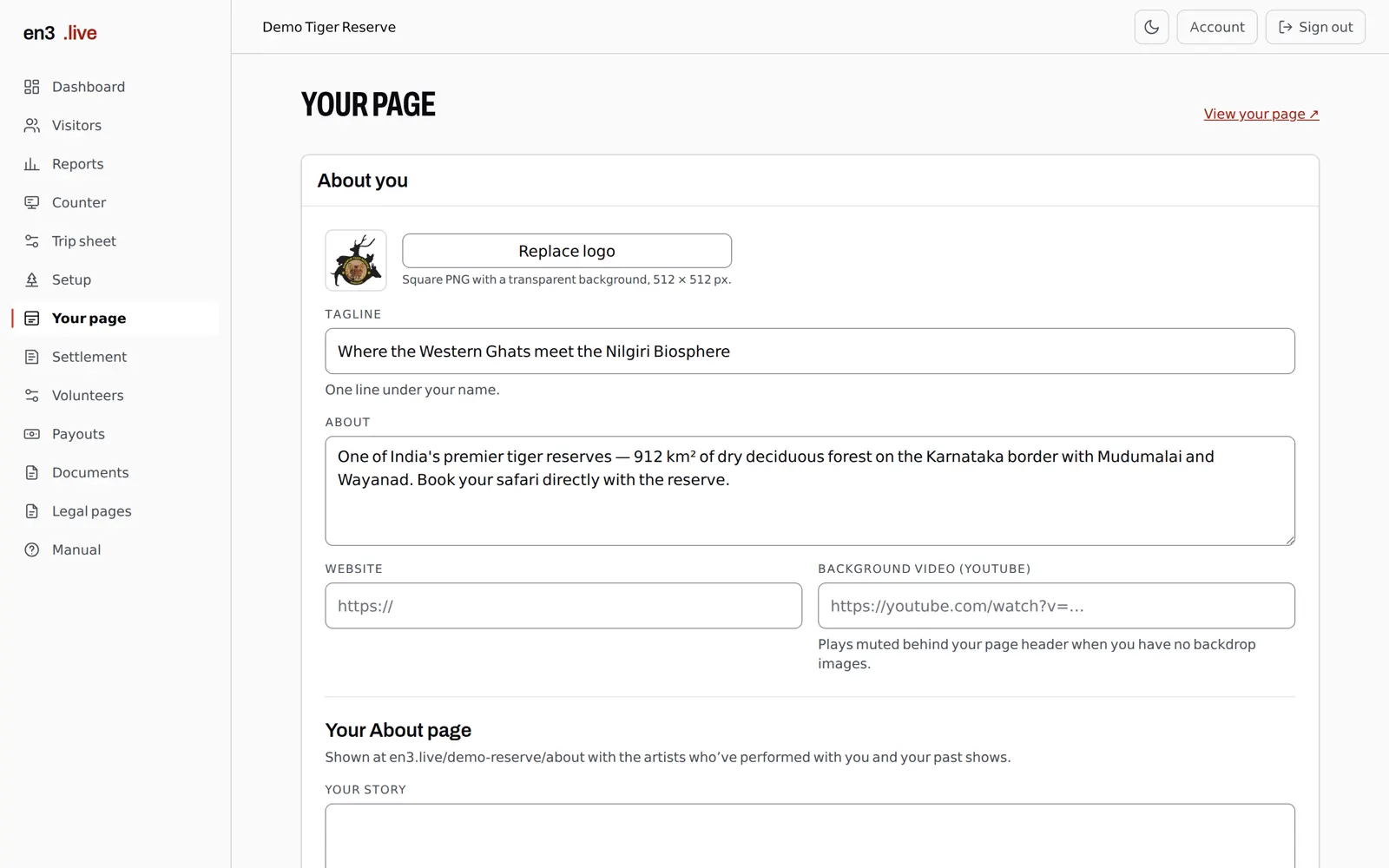 Editing your page: logo, tagline and about text