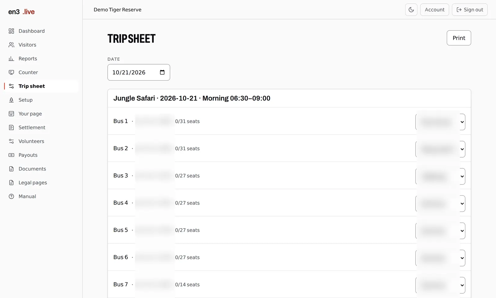 A trip sheet listing each bus with its seats and driver