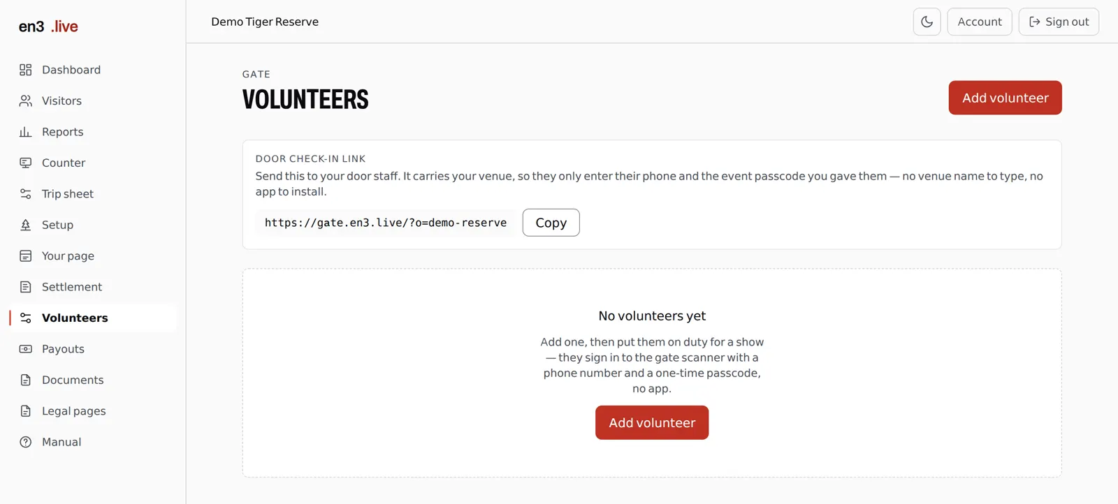Volunteers screen with the door check-in link